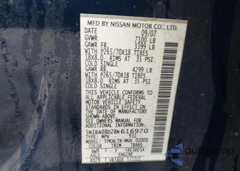 2008 Nissan Armada Se z USA, uszkodzony, nr VIN 5N1BA08D28N616970